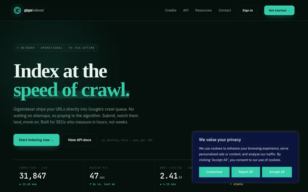 GigaIndexer homepage - refund-backed URL indexing service