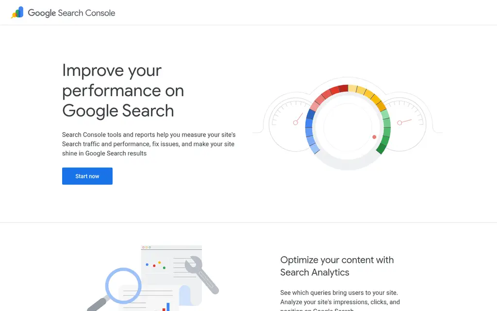 Google Search Console homepage - free indexing tools for site owners