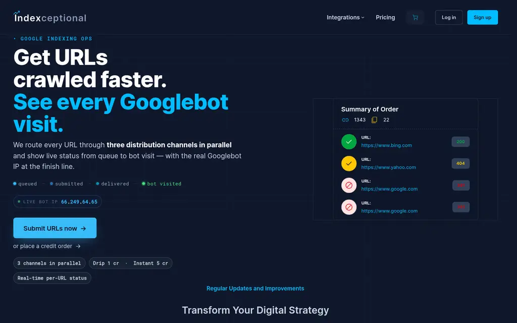 Indexceptional homepage - premium indexer with per-URL crawl tracking