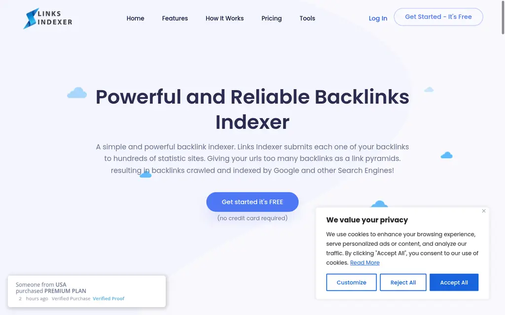 Links Indexer homepage - freemium link indexing tool