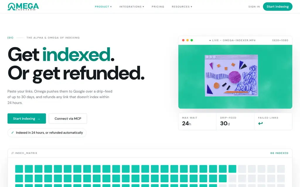 Omega Indexer homepage - drip-based link indexing tool