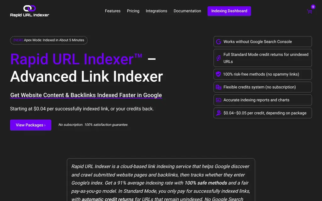 Rapid URL Indexer homepage - pay-per-indexed link indexer