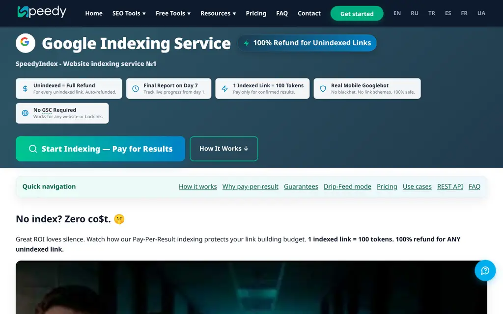 SpeedyIndex homepage - Telegram-based bulk link indexing service